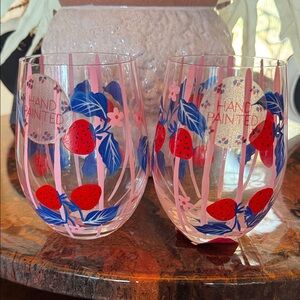 Hand Painted (2) Strawberry & Floral Stemless Wine Glasses